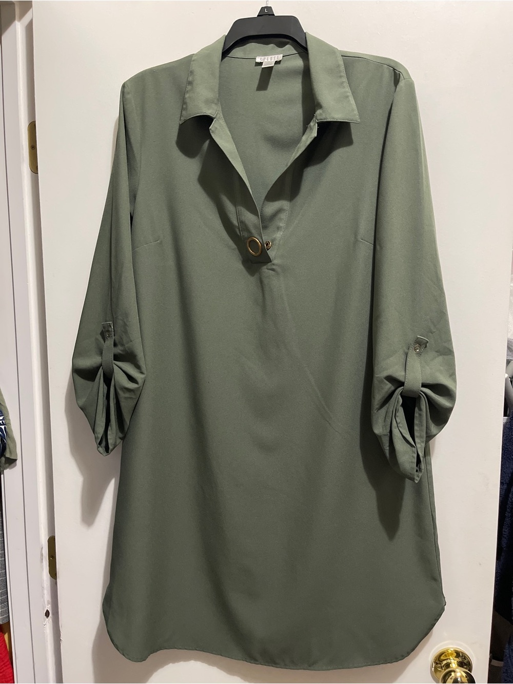 Spense Olive Green Collared V-Neck Tunic with Button Accent